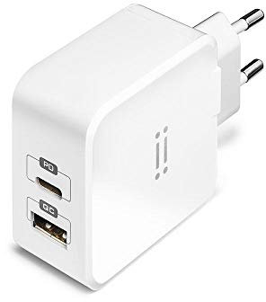 Aiino Fuente de Alimentación USB-C 27W para iPhone 12, Pro, Mini, 11, X, SE, iPad - Puertos USB de Carga Rápida 3.0 y Tipo C PD - Blanco