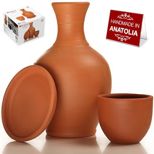 Terracotta Mud Jugs with Mug, Clay Water Pitcher with Cup, Earthen Water Carafe Set, Pottery Jar for Drinking Water, 76 oz