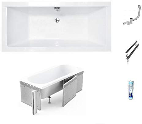 ECOLAM Baignoire rectangle Quadro 190x90 cm + revêtement polystyrène pour carrelage | pieds siphon et silicone | ensemble complet
