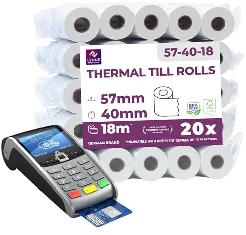 Rouleau tpe 57mm x 18m x 12mm – Rouleaux pour terminal carte bancaire – Bobine papier thermique 57x40x12 - sans BPA (20 Bobines)