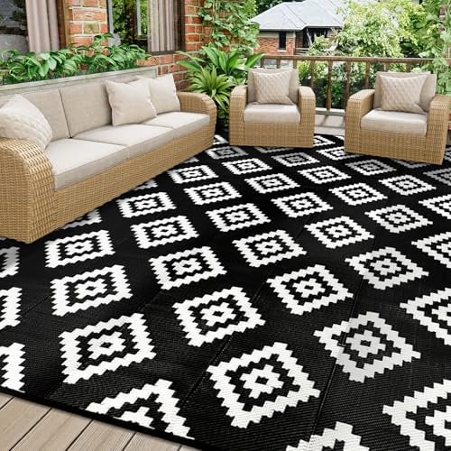 Homcomodar Outdoor Teppiche Wasserdicht 180x270cm Schwarz Groß Patio Teppich Kunststoff Stroh Teppich UV-beständige Camping Matte Reversible Matte für Picknick Balkon Beach Deck