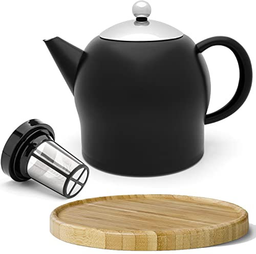Teekanne Set 1.4 Liter - Edelstahl doppelwandig Schwarz matt - Großer Moderner Teebereiter mit Tee-Filter-Sieb-Aufsatz für losen Tee - inkl. Holz-Untersetzer braun