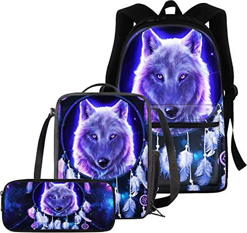 chaqlin 3-teiliges Tierwolf-Rucksack-Set für Jungen und Teenager, Schulranzen-Set mit Wolf-Büchertaschen-Set, niedliches Federmäppchen, isolierte Brotdose für Kinder und Erwachsene