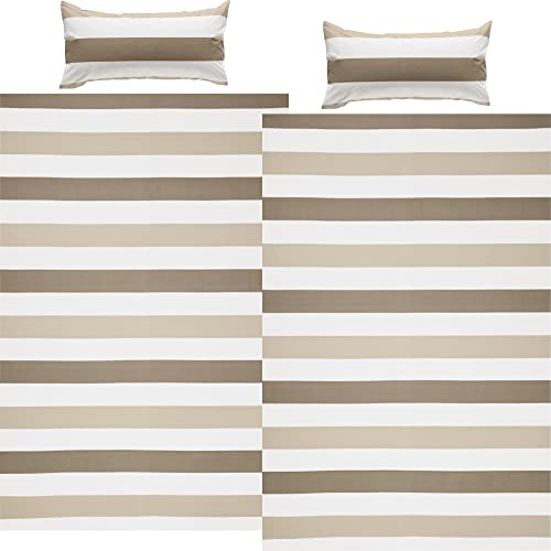 REDBEST Bettwäsche-Set Streifen Sparpaket 4-TLG. Renforcé Taupe-beige-weiß Größe 40x80 cm / 155x220 cm - strapazierstark, anschmiegsam, mit Reißverschluss