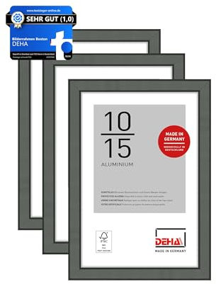DEHA Design Bilderrahmen, 10 x 15 cm (3er Set), Aluminium, Grau matt, Fotorahmen zum Auftstellen im Hoch- & Querformat, bruchsicheres Kunstglas, Boston