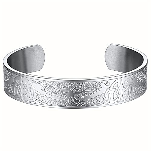 FaithHeart Edelstahl Armreif für Herren Jungen Punk Gotik Lebensbaum Armband mit Keltischer Knot Symbol Offener Armschmuck für Freunden Ehemann Model