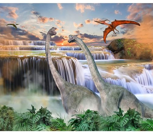 decomonkey Fototapete Dinosaurier 300x210 cm Tapete Fototapeten Vlies Tapeten Vliestapete Wandtapete Moderne Wand Wandbild Schlafzimmer Wohnzimmer Büro Flur Kinderzimmer Wasserfall Tiere Grün Blau
