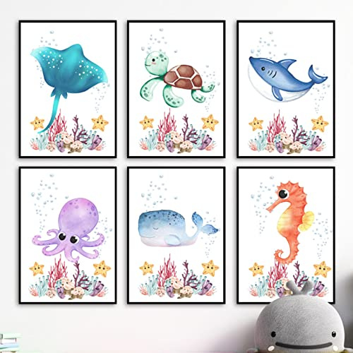 6 Pièces Chambre de Bébé Baleine Hippocampe Tortue Pieuvre Océan Pépinière Mur Art Toile Peinture Affiches et Impressions Mur Photos Enfants Chambre Décor-20x30cmx6 (Pas De Cadre)