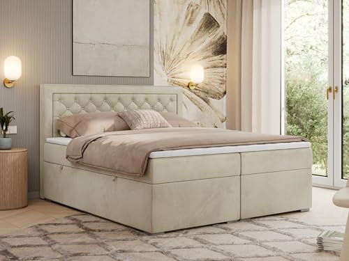 MKS MEBLE Boxspringbett 160x200 cm mit Bettkasten, Polsterbett mit Matratze Mittelfest (H3) und Topper T25, Bett mit Kopfteil - Beige Velvet - H3 - Jasir