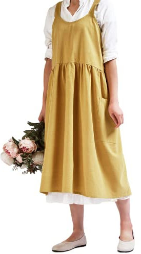 ROXXR Dirndl Schürze Baumwolle Leinen Küchenschürze Latzschürze Kochschürze mit Tasche Damen Frauen Mutter Geschenk gelb