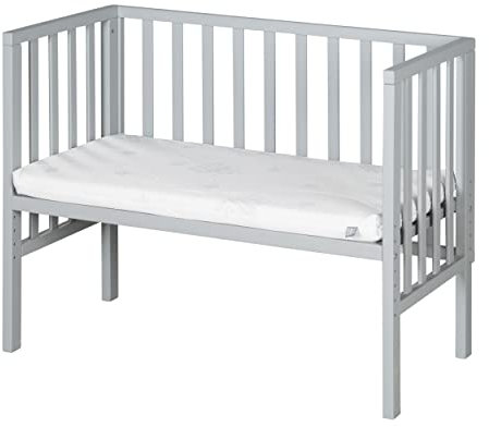 roba Cuna Colecho 2 en 1 con Colchón Safe Asleep 45 x 90 cm y Barrera - Madera Gris - Adecuada para Todas Las Alturas de Camas Parentales - Desde el Nacimiento - Convertible en Banco hasta 65 kg