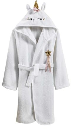 ELY PARKER Accappatoio bambina e ragazze, Spugna, Asciugamano in Cotone Turco, con Cappuccio, Unicorno, Bianco (13-14 Anni) Morbido, Assorbente, Comodo, Spesso