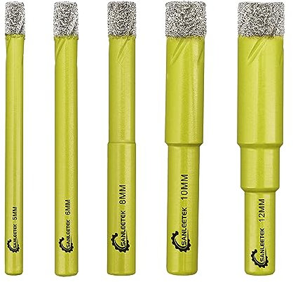 Juego de Brocas Diamante Seco - 5piezas 5/6/8/10/12mm Sierra Perforadora con Vástago Redondo para Cerámica Porcelana Granito Mármol Cuarzo Gres SANLEETEK