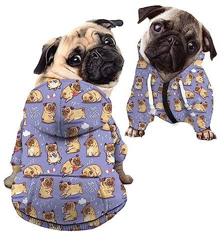 Kuiaobaty Niedlicher Mops-Welpen-Druck Hund Hoodie Doggy Shirt Kleidung Outfits, Kawaii Cartoon Hund Pullover Blau Outdoor Pullover für Haustiere