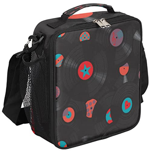 Lonchera vintage para CDs, lonchera negra con aislamiento, bolsa térmica térmica con correa de hombro ajustable extraíble para mujeres y hombres, oficina, picnic