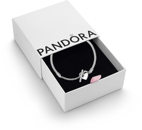 PANDORA Moments Women's Sterling Silver Heart T-Bar Snake Chain Bracelet, Size 18, With Gift Box