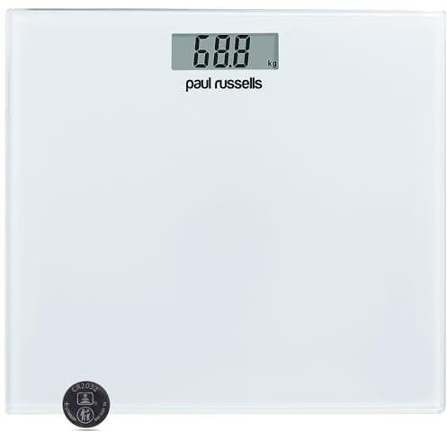 Paul Russells Digital Bathroom Scales, Bath Scales, Body Weight, Weighing Scale for Fitness with High Precision Sensors, Accurate Weight Machine for Humans (st/lb/kg) 28X28cm150KG Wide Platform White