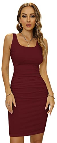 Missufe Vestido de verano para mujer, vestido informal hasta la rodilla, vestido de lápiz, ajustado, borgoña, M