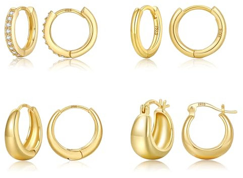 4 Paar Echt Vergoldete Creolen Set - 14k Gold Ohrringe für Damen, Hypoallergen Knorpel Creolen Klein Mit AAA+ Zirkonia für Mehrere Ohrlöcher
