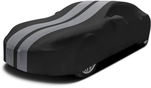 Asasytal Indoor Sportwagenabdeckung mit Seitenspiegelhaube Voller Schutz, weicher samt elastischer Anti-Falten-Stoff, Garage, Autoausstellung/Ausstellung, Länge 4,9-5,25 Meter, grau gestreift+schwarz