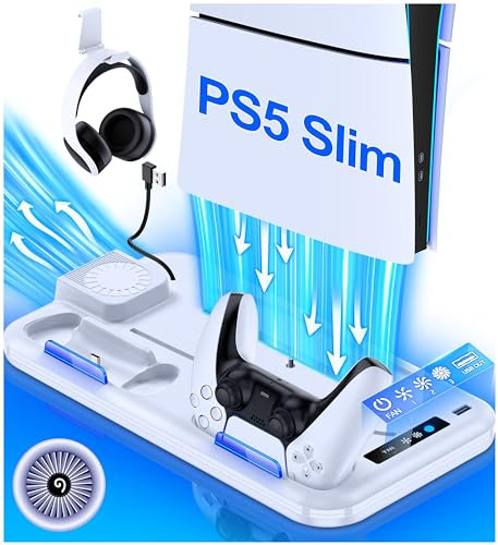 HELLCOOL PS5 Slim Stand with Turbo Cooler Fan, Cooling Stand for 2023 Slim Disc & Digital Edition, Controller Charger, 15 Games Card Case, Headset Holder