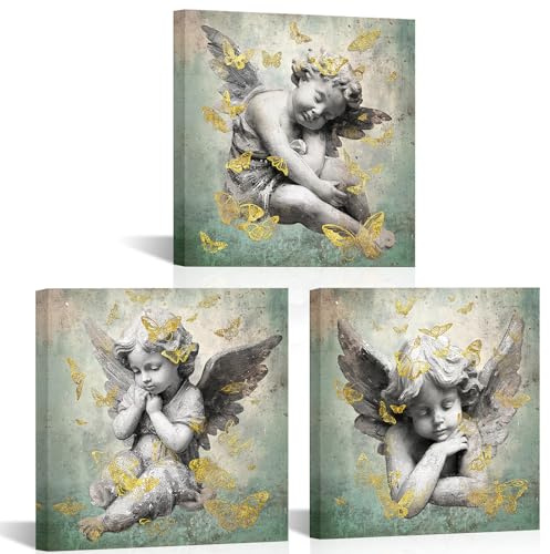 SkenoArt 3-teilige Vintage-Engel-Wandkunst, grauer und grüner Winkel, Engelsflügel, Wanddekoration mit goldfarbenem Schmetterling, Kunstwerk für Babyzimmer, Schlafzimmer, Wohnzimmer, 30,5 x 30,5 x