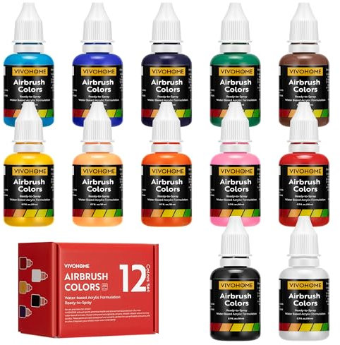 VIVOHOME Set de 12 couleurs pour aérographe, peintures acryliques pour aérographe prêtes à être pulvérisées (pas besoin de diluant)
