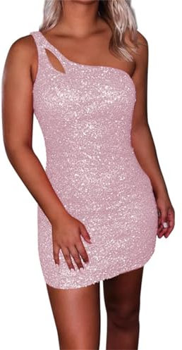 WSEYU Una spalla breve ritorno a casa abiti per adolescenti scintillante paillettes stretto Prom Dress, Rosa cipria, 52 Più