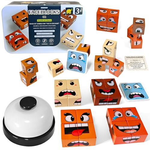 Holzwürfel Puzzle - Interaktives Emoji Blocks Spiel mit Gesichter-Zauberwürfel, Sensorik Spielzeug für Kinder ab 3 Jahren