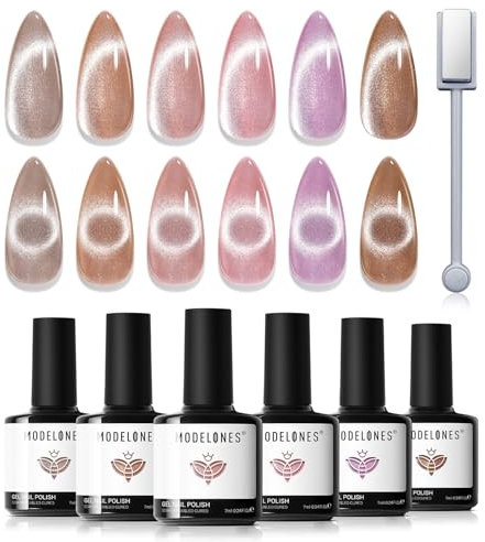 Modelones Cat Eye Gel Nail Polish Set, 6 Colors Holographic Pink Purple Brown Gel Polish, Pink Velvet Shimmer Magnetic Glitter Gel Polish Set Home Salon Nail Art Manicure Gift For Women
