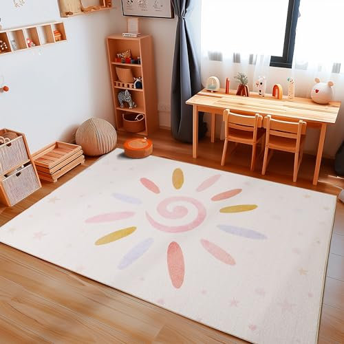 Carpetsale24 Kinderteppich Sonnen und Sternmuster Jungen-Mädchen Babyzimmer Teppich Kinderzimmer Creme Teppich, Maße:80 x 120 cm, Farbe:Creme
