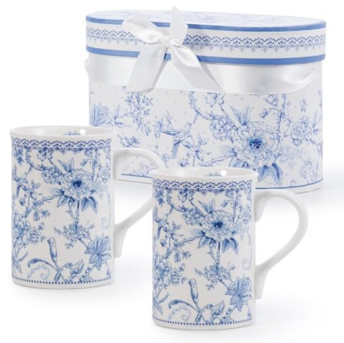 EHC Set of 2 Porcelain Orchid Design Tea Cups/Coffee Mugs with Handle, Microwave Safe, Oven Safe, Dishwasher Safe, Gift Boxed, 320ML - Ideal for Tea, Coffee, Latte, Hot Chocolate, Gifts and More