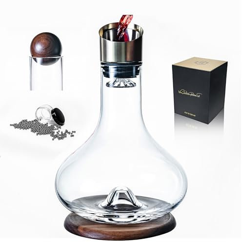 RETROBAR Decantador de vino de cristal soplado a mano de alta calidad con aireador integrado, filtro de doble capa y base de madera de nogal, sistema de vertido en cascada para decantación de 3