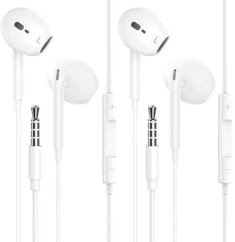 2 Pack In Ear Headphones, 3.5mm Jack Wired Headphones with Microphone and Volume Control, HiFi Stereo Noise Cancelling Earphones for Samsung, Android, iPad, MP3/4, iPhone 6/5, Most 3.5mm Audio Devices