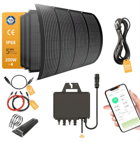 Balkonkraftwerk 800W_RC® MI2S-800D + 200W*4 Flexible Solarmodul + 5m AC Netzanschlusskabel + 1.2M/2M*2 DC Verlängerungskabel MC4 + Edelstahlbander, 0% MwSt
