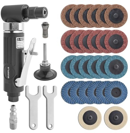 Gunpla 1/4 inch Angle Air Die Grinder, 90 Degree Heavy Duty 20,000 RPM with 26 pcs 2-inch Roll Lock Sanding Discs for Grinding, Deburring, Engraving, Polishing, Engraving and Rust Removal