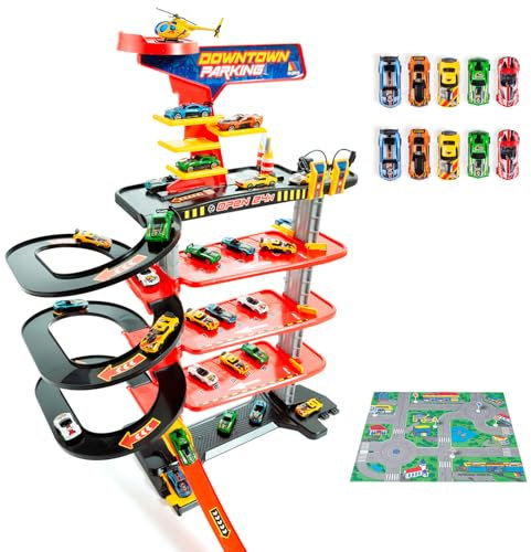 MOLTO | Parking de Juguete 5 Plantas Downtown + 10 Coches + Tapiz de Juego – Rampas, Bucles y Pista de Alta Velocidad – Estaciones de Servicio y Plataforma para Helicóptero