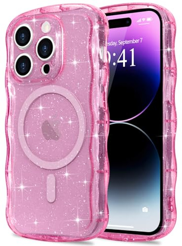 Pepmune for iPhone 14 Pro Max Case Clear [Compatible with Magsafe] Bling Sparkle Glitter Magnetic Cover,Soft TPU Curly Wavy Frame & Hard PC Back,Slim Shockproof Wave Phone Case for women-Hot Pink