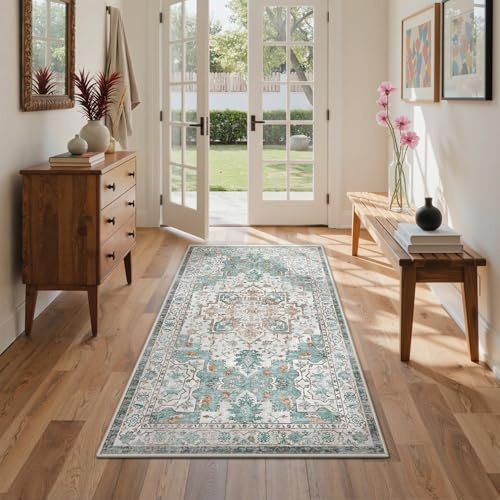 GENIMO Vintage Türkis Teppich Läufer Flur 80x150cm Teppichläufer Waschbar | Waschbarer Teppich, Weich Rutschfest, Kurzflor im Retro, für Eingangsbereich, Badezimmer Schlafzimmer,für Flur Carpet