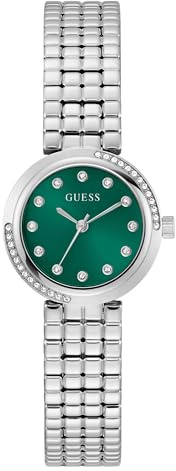 Guess Women's Clara 28mm Stainless Steel Silver Green Dial Quartz Mineral Glass Watch 3ATM Cubic Zirconia 14mm Link Bracelet GW0930L1