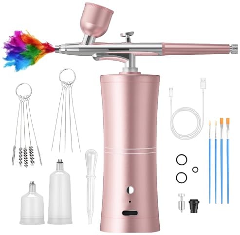 GOEDCH Kit aérographe avec compresseur : pistolet aérographe multifonction tenu en main, aérographe portable rechargeable avec buse de 0,3 mm et charge pour nail art, décoration de gâteau, maquillage