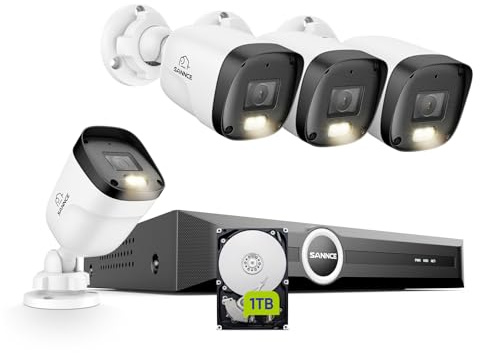 SANNCE 2K PoE Überwachungskamera Aussen Set 1TB HDD-Farbige Nachtsicht 20m | 6MP 8CH NVR 4×3MP Wasserdicht IP Bullet Kamera Outdoor/Indoor, Personen-/Fahrzeugerkennung, Audio, APP Alarm, IP67 Wetterfest