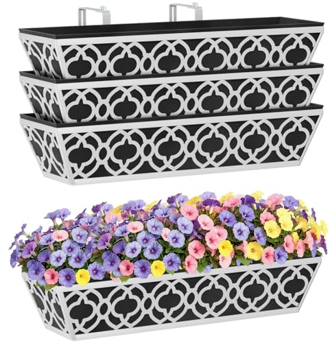 HFHOME 4Pcs 60.9cm/24in Metal Window Box, Outdoor Hanging Flower Boxes with Non-Woven Fabric Liner & Adjustable Brackets, Wall Trough Planter for Balcony Terrace Fence Garden