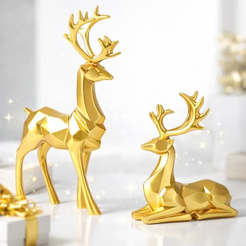 2PCS Reindeer Figurine Statue, Silver Geometric Deer Sculpture Set, Resin Elk Desktop Ornament for Home Office Table Indoor Decoration