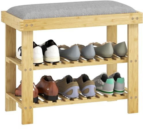 HOMCOM Schuhbank mit Sitzfläche Bambus mit Stauraum 60 x 29 x 49 cm Grau | Schuhregal mit 2 offene Fächer, Sitzbank, Bank, Garderobenbank, Für Wohnzimmer, Flur