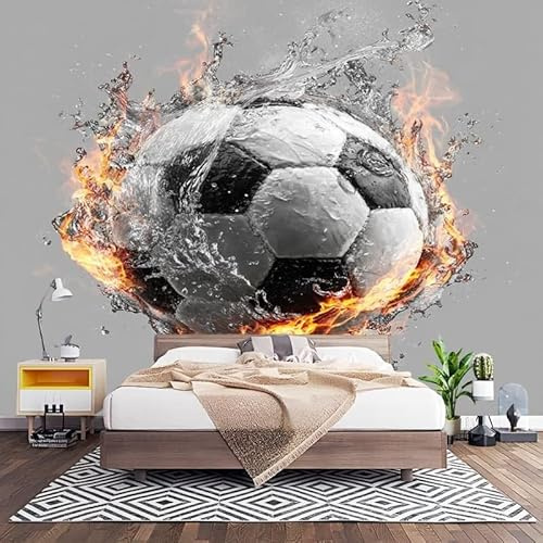 3D HD Printin Photo Wallpaper W200 x H140cm, Creative Water and Fire Football Antifouling Non-Woven Photo Mural Stickers Grey Large Wall Mural Wallpaper for Bedroom Sofa TV Background Wall