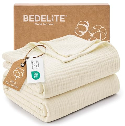 BEDELITE Musselin Decke 230x230cm Erwachsene Tagesdecke Baumwolle, Creme | weiche & atmungsaktive 4-lagige Musselindecke alle Jahreszeiten, leichter Überwurf für Bett, Sofa und Couch als Sommerdecke