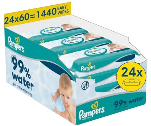 Pampers 99 Prozent Water Baby-Feuchttücher, 24 Packungen mit je 60 Feuchttüchern - 1440 Baby-Feuchttücher, leichte Lotion mit 99 Prozent Wasser