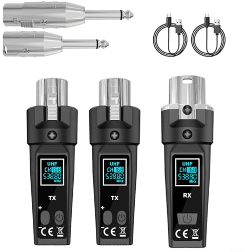UHF Drahtloses Mikrofonsystem mit XLR Stecker Sender und Empfänger, 30-50m Reichweite, 110dB Dynamikbereich für Dynamische Mikrofone, E-Gitarre und PA System, Schwarz(One Pulls Two)