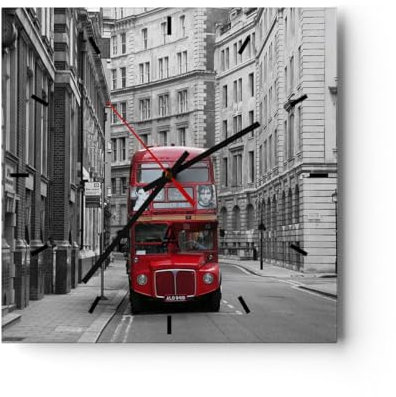 Modern Wanduhr Bus England Urlaub London 40x40cm Quadrat Groß Wand Uhr Glas Analog Zimmeruhren Küche Büro Wohnzimmer Glasuhr Wall Clock Dekoration Design Wanddekoration Küchenuhr C3AC40x40-2153